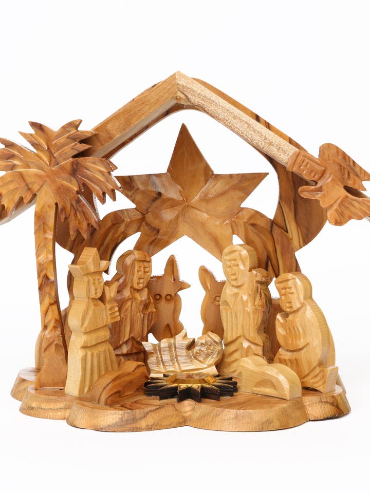 Olive Wood Nativity Scene_ Star of Bethlehem and Holy Object for wholesale by Holyland Artisans