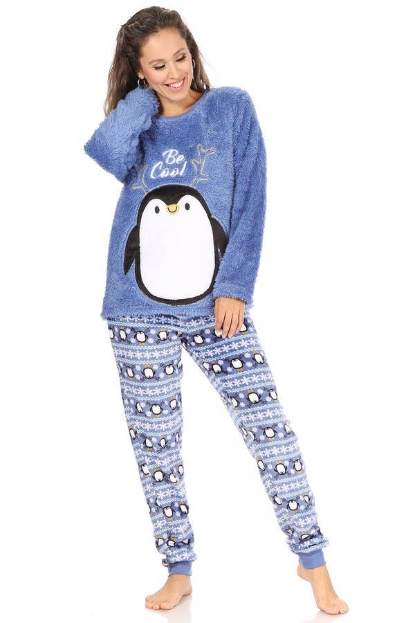 CORNER 123, Wholesale Women's Clothing - Vente Ensemble de vêtements d'intérieur – femme - Top à manches en fourrure Penguin Christmas Furry avec pantalon ample