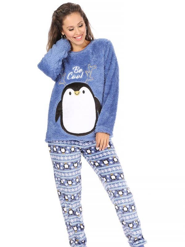 CORNER 123, Wholesale Women's Clothing – wholesale Lounge set – Women's – Penguin Christmas Furry sleeve top with loose fit pants