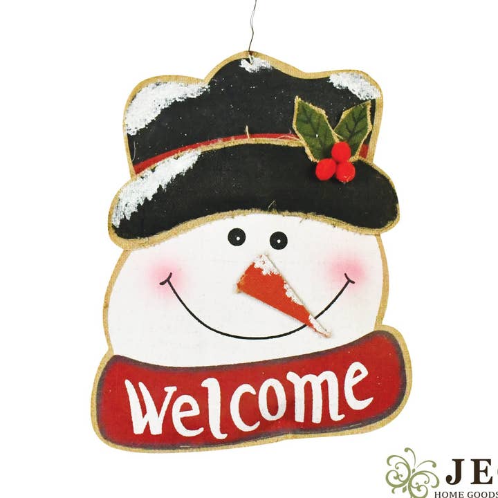 Decorazione da Parete Invernale Natalizia Pupazzo di Neve Benvenuto Sciarpa Rossa Tela Grezza Soffice Rustica per Porta del Portico 44,5x35,5 cm per la vendita all'ingrosso da parte di JEC Home Goods Inc