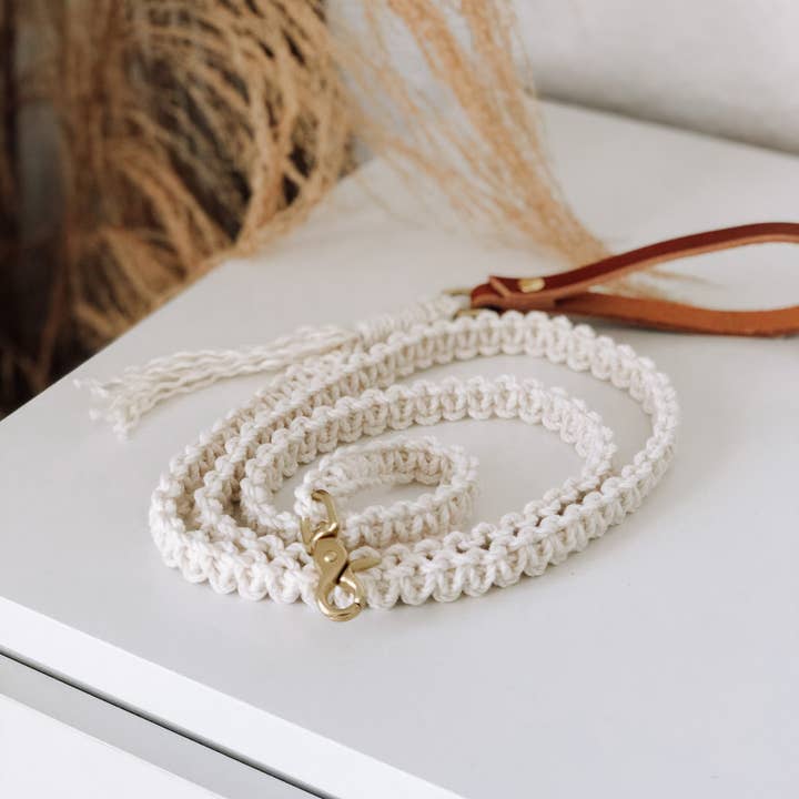 EMBER & IVORY - Vendita all'ingrosso Guinzaglio - Cani - Guinzaglio per Cani in Macramè con Manico in Pelle - Corda Naturale Avorio9