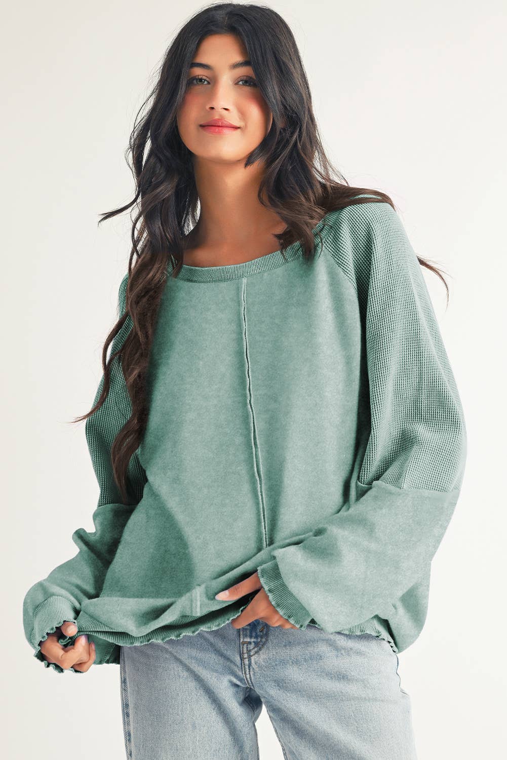 Little Daisy Closet - Wholesale Sweatshirt - Women's - LDC Waffle Knit Patchwork Exposed Seam Raglan Sweatshirt2