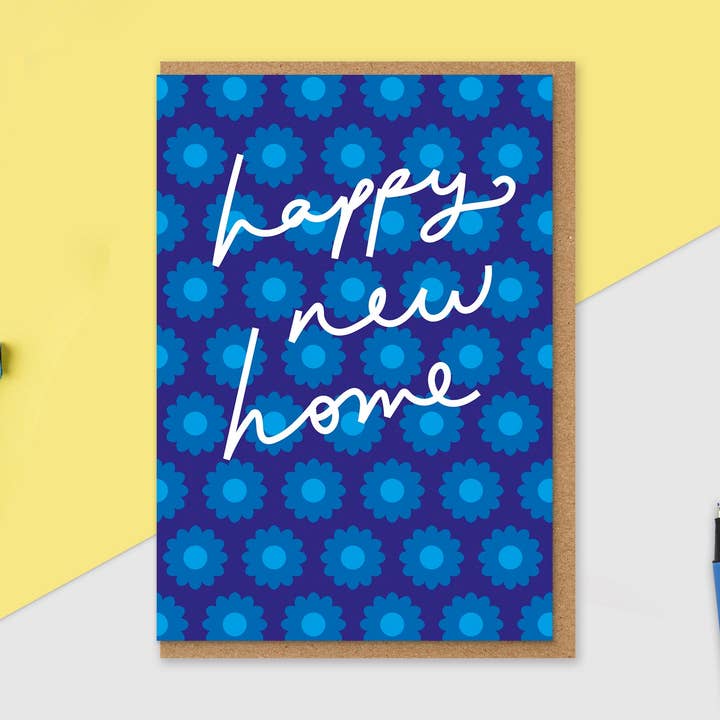 Happy New Home Card | Retro Blue Flower Repeat Print for wholesale by Jane Katherine Houghton Designs