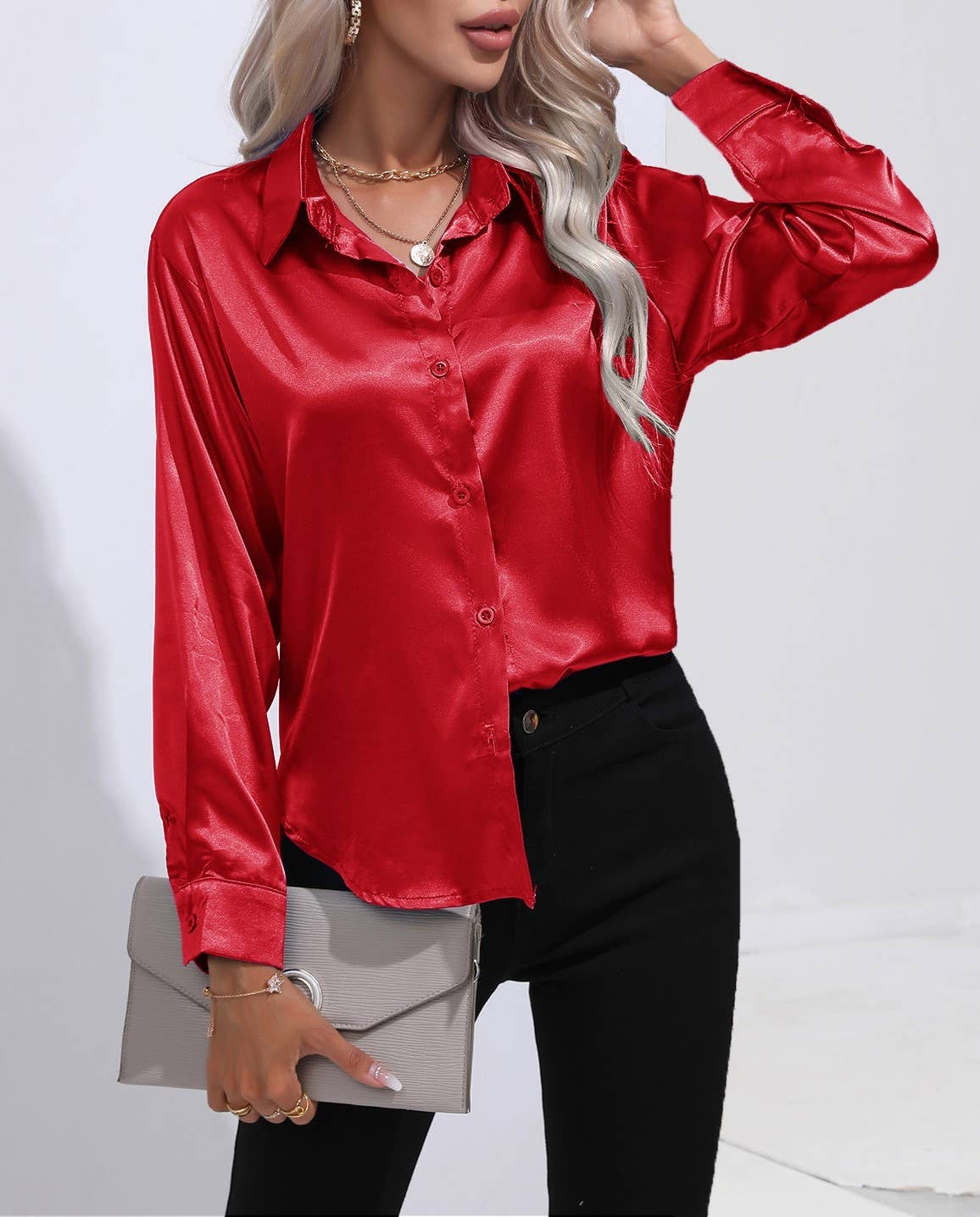 HIDDENBRAND - Wholesale Button Down Shirt - Women's - Satin Faux Silk Long-Sleeved Shirt36
