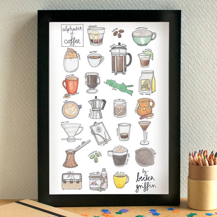 Coffee Alphabet Art Print for wholesale by Becka Griffin Illustration