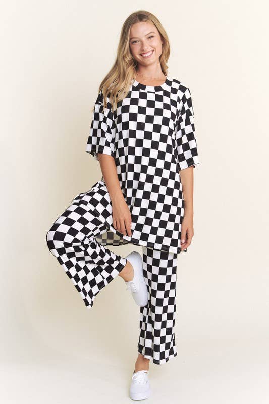 JADE BY JANE - Wholesale Lounge Set - Women's - RIBBED CHECKERED PRINT TOP/STRAIGHT LEG PANTS SET4
