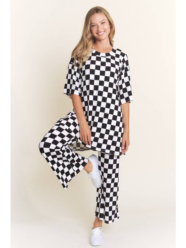 JADE BY JANE - Wholesale Lounge Set - Women's - RIBBED CHECKERED PRINT TOP/STRAIGHT LEG PANTS SET4
