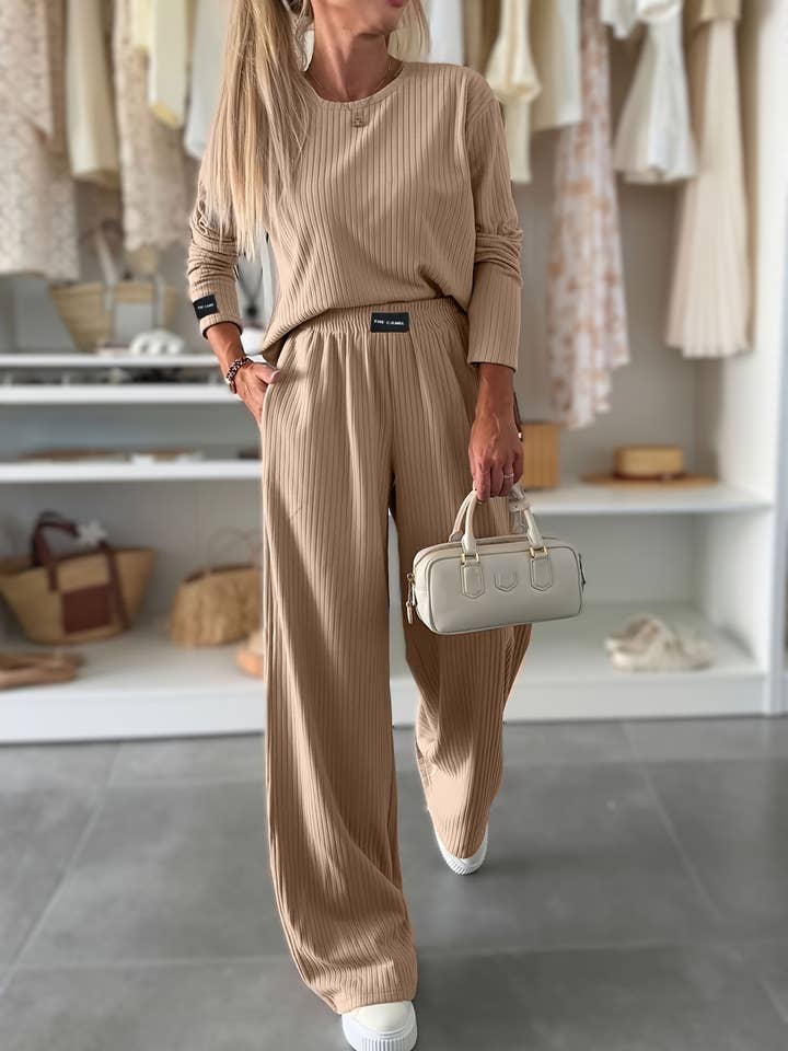Khaki Ribbed T-Shirt & Drape Straight-Leg Pants Set for wholesale on Faire