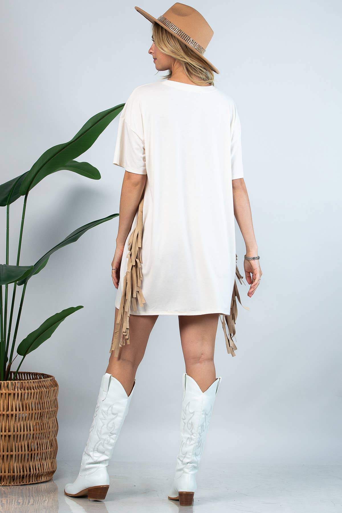 Beige D1593-Western Boots Print Fringed  Loose T Shirt Dress  for wholesale on Faire7