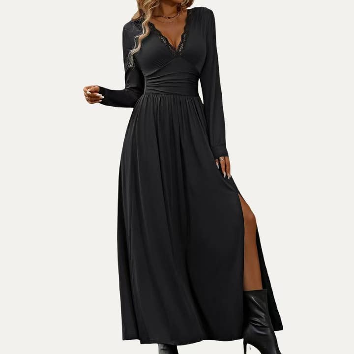 The Moment Collection - Wholesale Dress - Women's - Solid Soft Stretchy Plunging Neck Long Sleeve Maxi Dress7