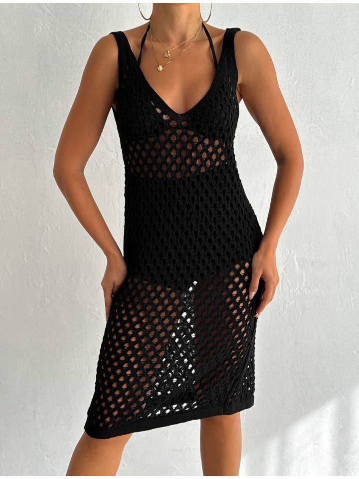 VAV NEW YORK – Engroshandel Kjole - Dame – Kvinders midi kjole i hæklet bomuld med V-hals og åben strik8