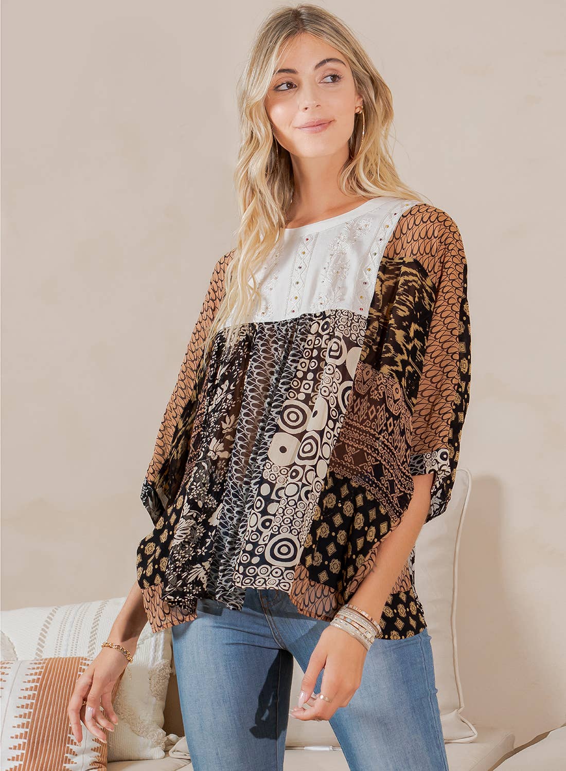 Young Threads - Wholesale Tunic - Women's - Bohemian: Tiered Patchwork Blouson Top2