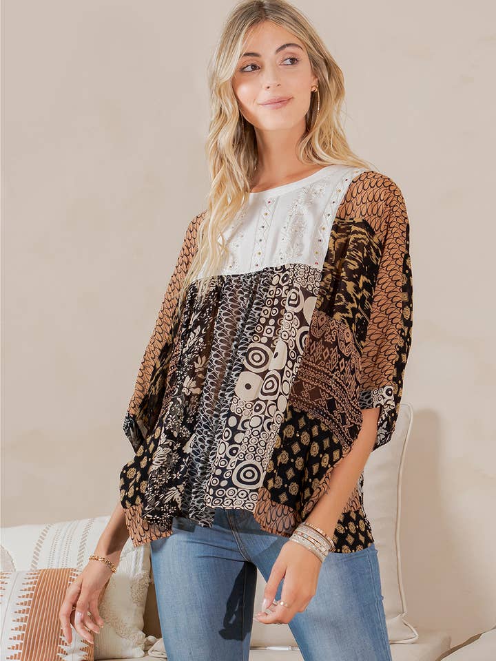 Young Threads - Wholesale Tunic - Women's - Bohemian: Tiered Patchwork Blouson Top2
