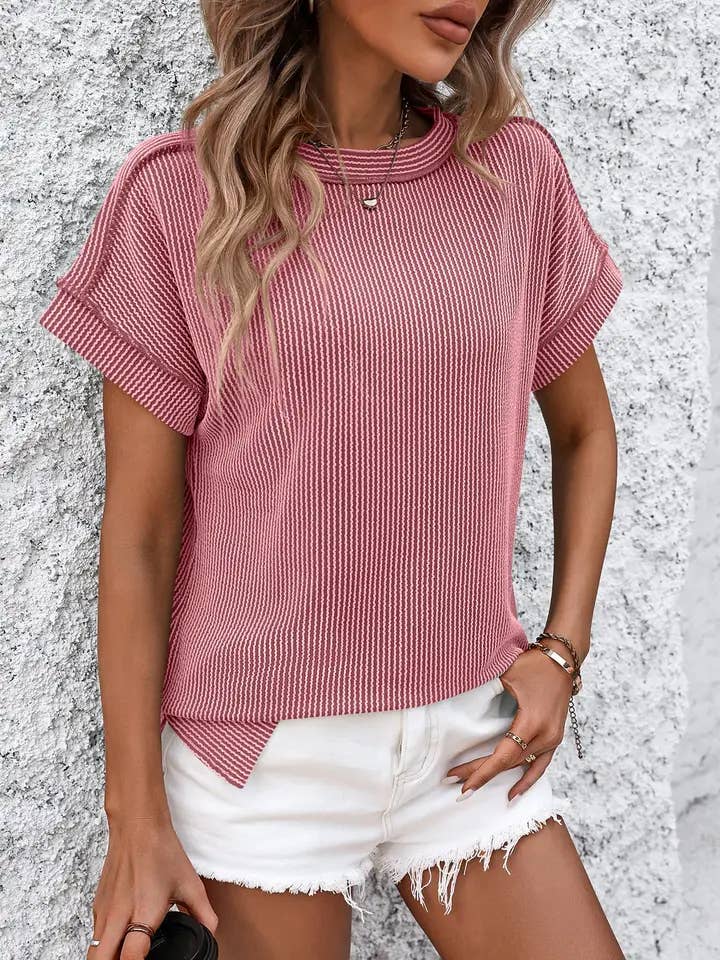 Lovesoft - Wholesale Knit Top - Women's - Backstitch Stripe Knit Short-Sleeve Casual T-Shirt