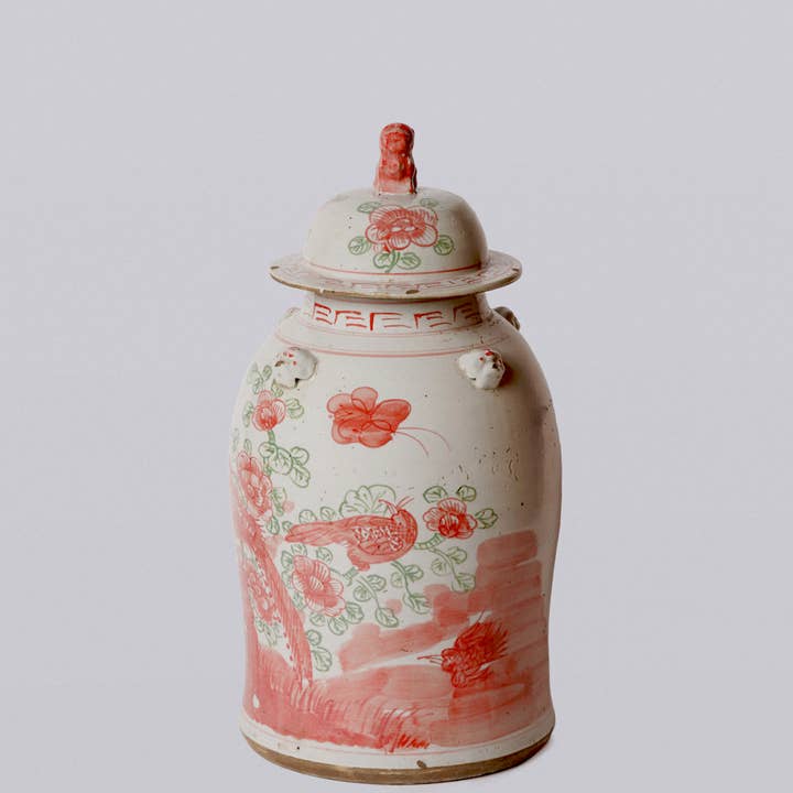 Cobalt Guild – wholesale Decorative jar – Pink and Green Porcelain Bird and Flower Temple Jar