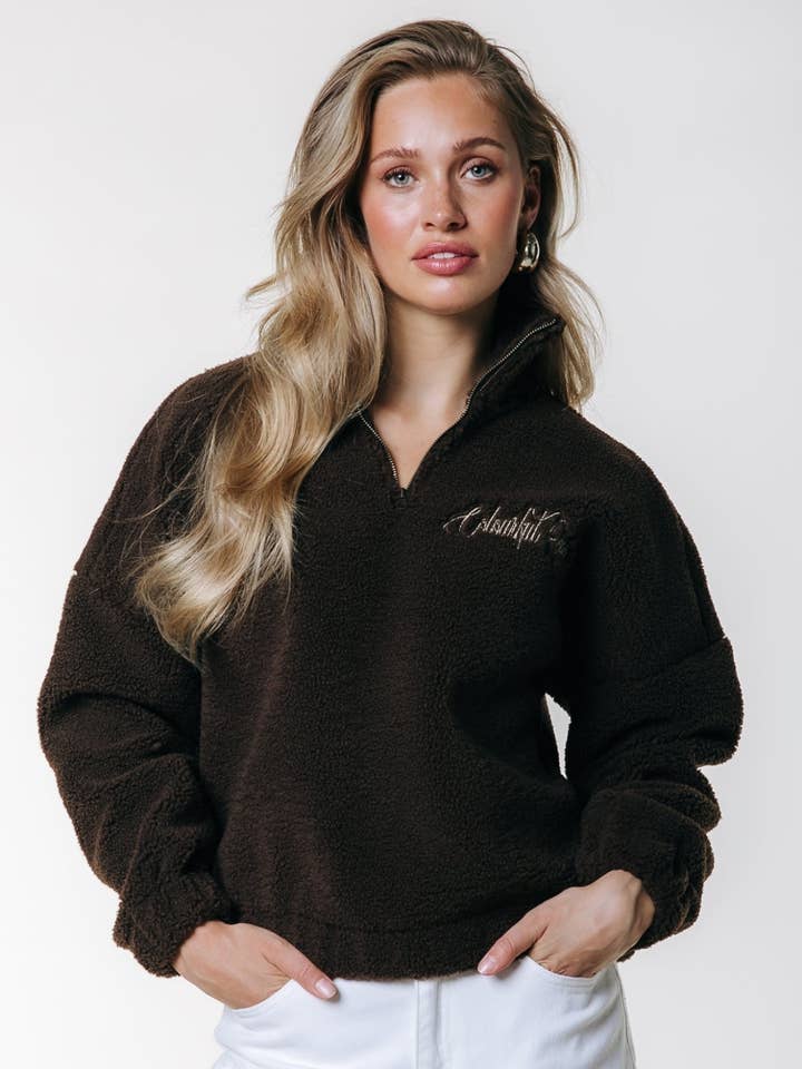 Jills Teddy Zip Sweat | Brown for wholesale by Colourful Rebel