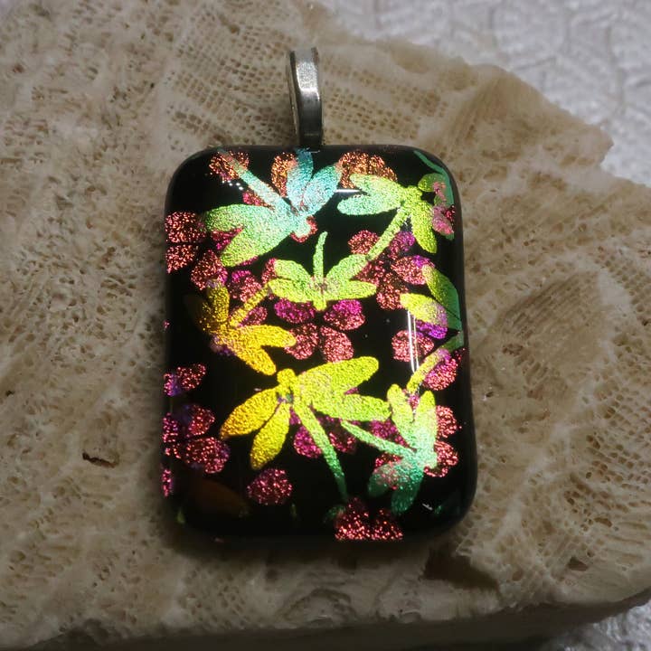 Fused Dichroic Glass Gold dragonfly pink flower Pendant for wholesale by McCray Studios