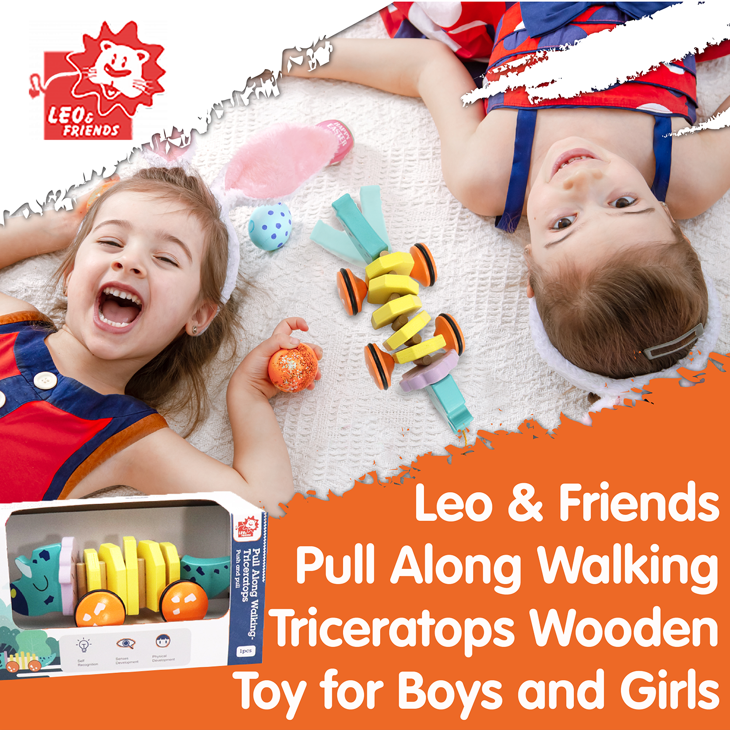 Leo & Friends - Wholesale Wood Toy - Kids - Leo & Friends Pull Along Walking Triceratops Wooden Toy9