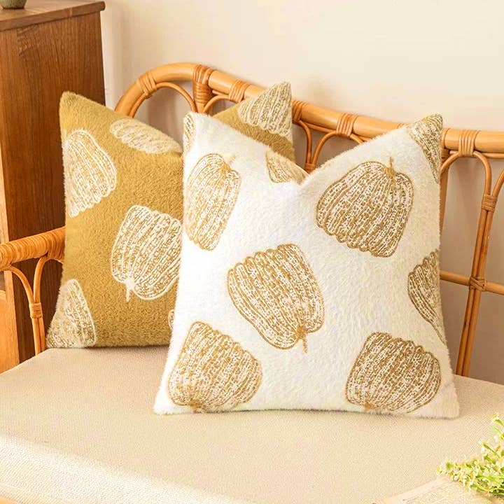 Cozy Pumpkin Throw Pillow, Yellow (18" x 18") Holiday Decor for wholesale by FLUFFERY
