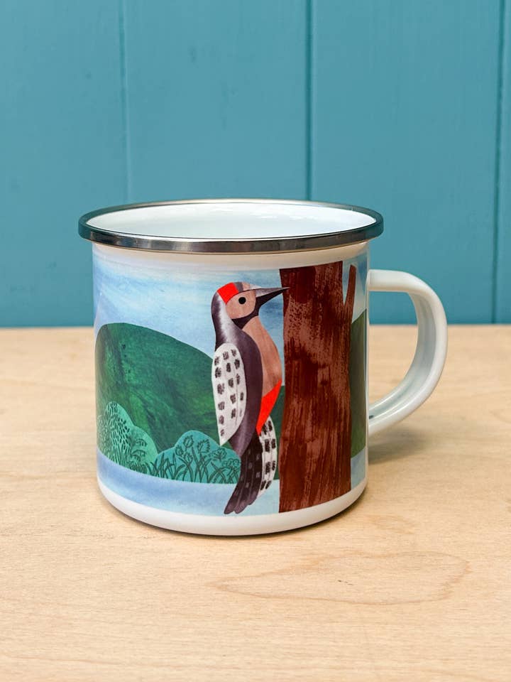 Hand-Printed Woodpecker Enamel Camping Mug for wholesale by Siobhan Watt