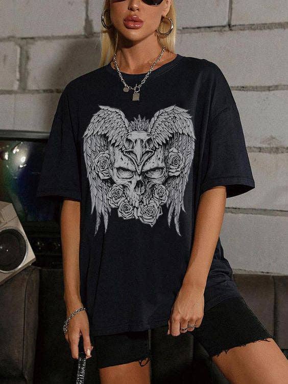 Black Affliction Skull And Eagle With Roses Printed Short-Sleeve T-shirt for wholesale on Faire0