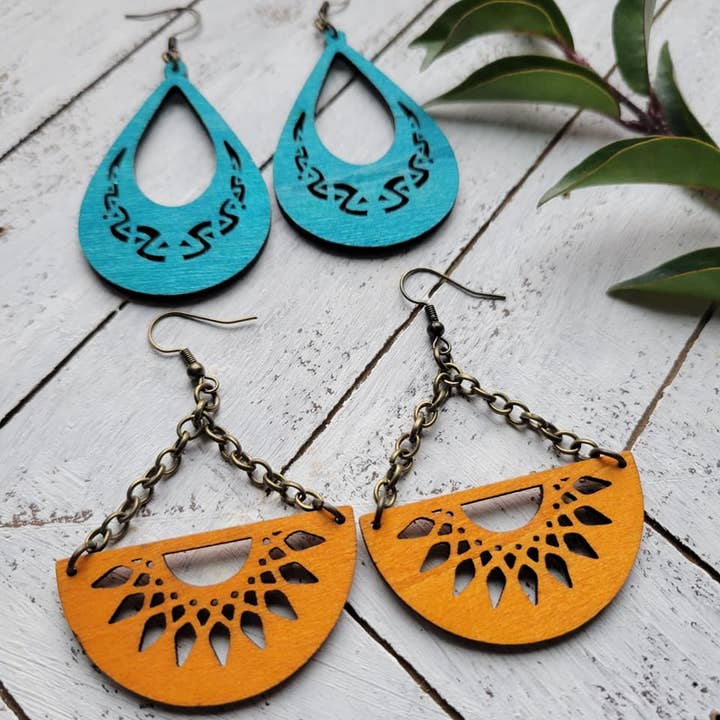 Laser Cut Wood Earrings for wholesale by Elskas Designs
