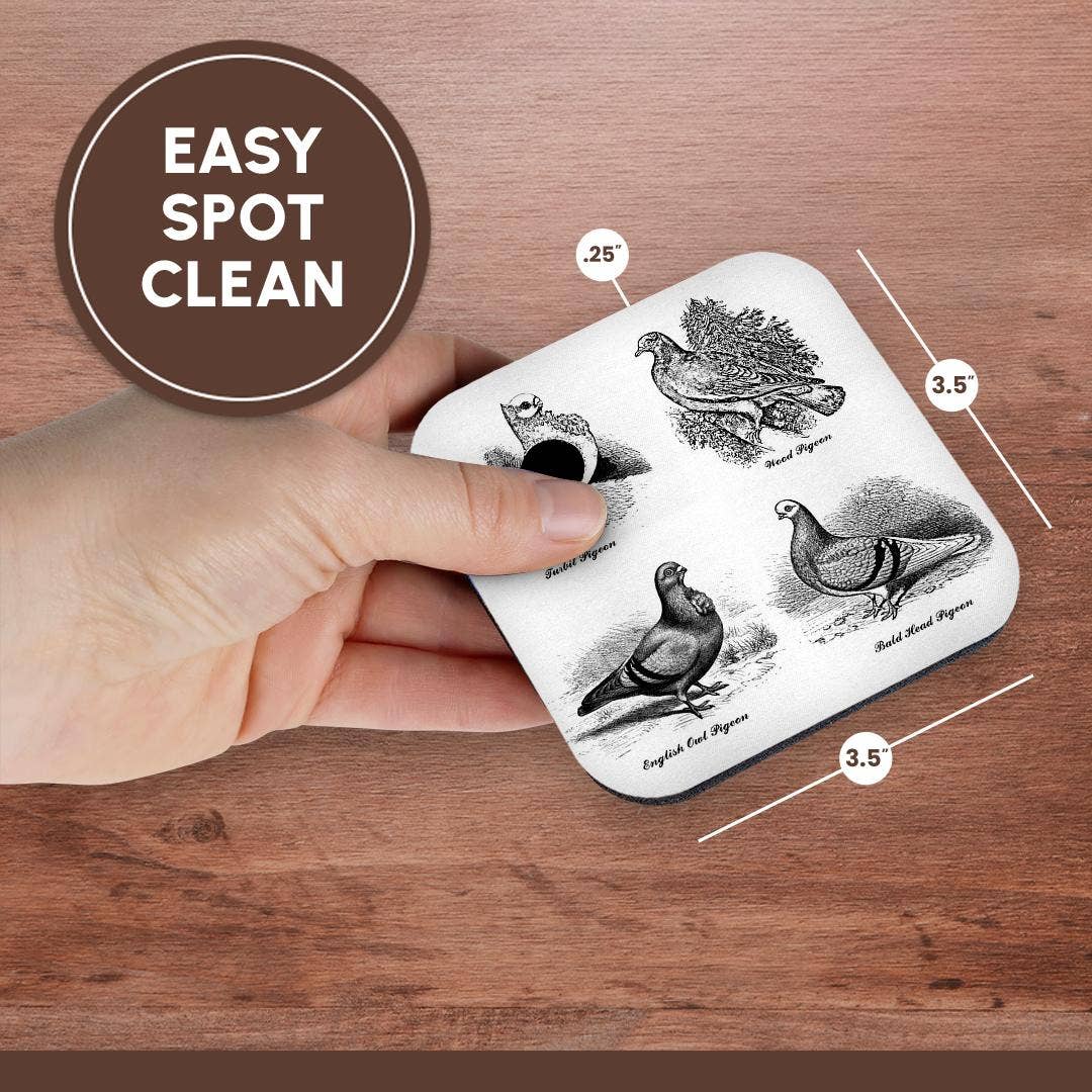 3dRose - Wholesale Coasters - 3dRose, Vintage Breeds of Pigeon Art Illustration Black and White for bird fan, Coaster13