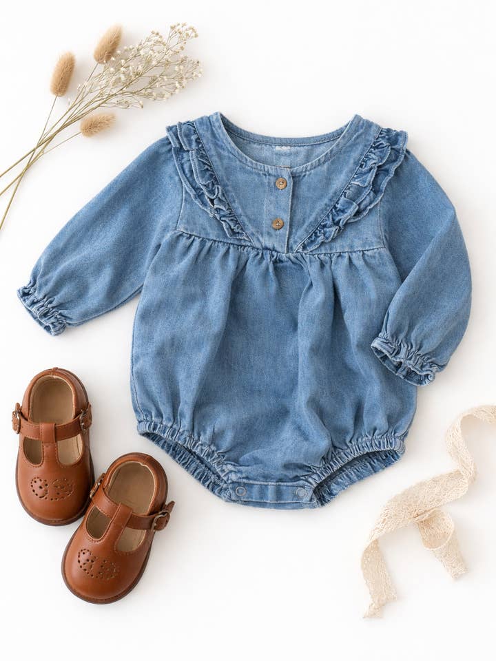 Denim Bubble Romper for wholesale by Nomad Baby