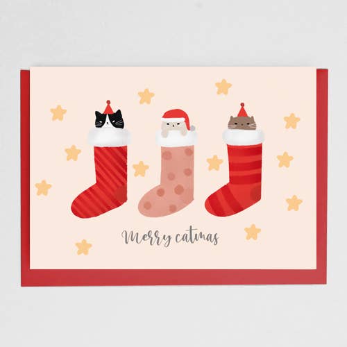 Cute Cats In Stockings Christmas Card for wholesale by Moonbean Designs
