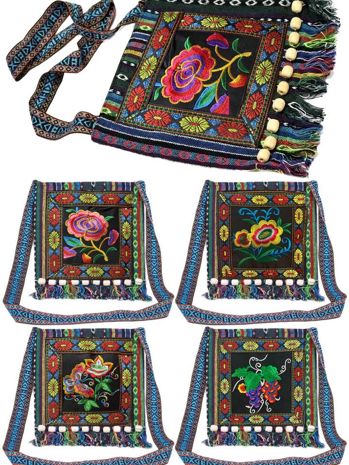 Huipil Floral Wood Fringe Tapestry Crossbody Bag for wholesale by Cap Zone