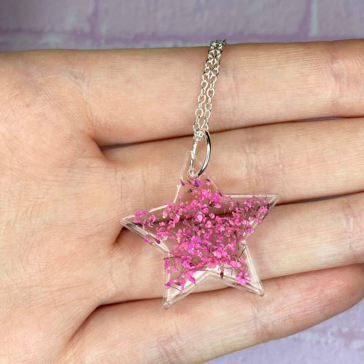 Real Pressed Flower Star Resin Silver Plated Necklace Pink for wholesale by Panya Jewellery