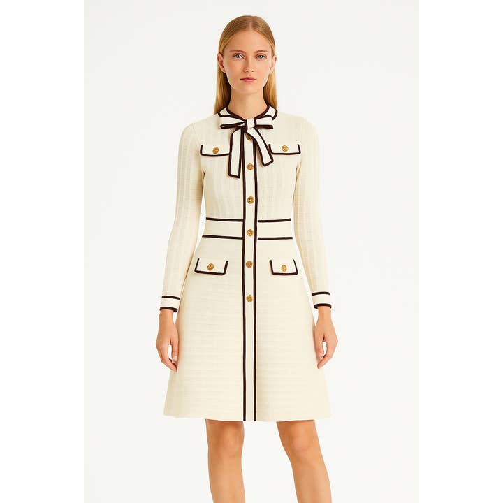 Productseeker - Wholesale Dress – Women's - DR831Y Elegant Cream Knit Bow-Tie Trim A-Line Dress10