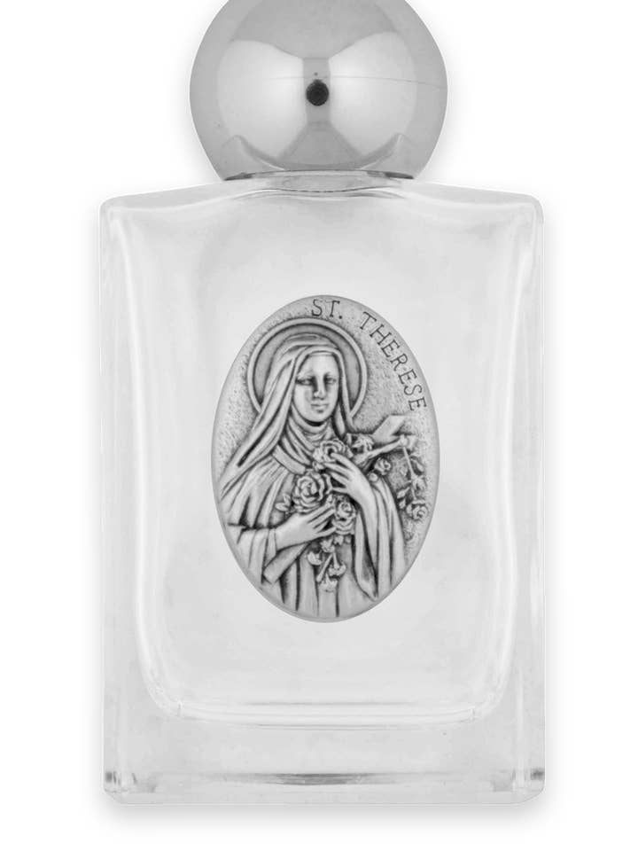 Bottiglia di acqua santa in vetro con medaglia di Santa Teresa per la vendita all'ingrosso da parte di Village Gift Importers