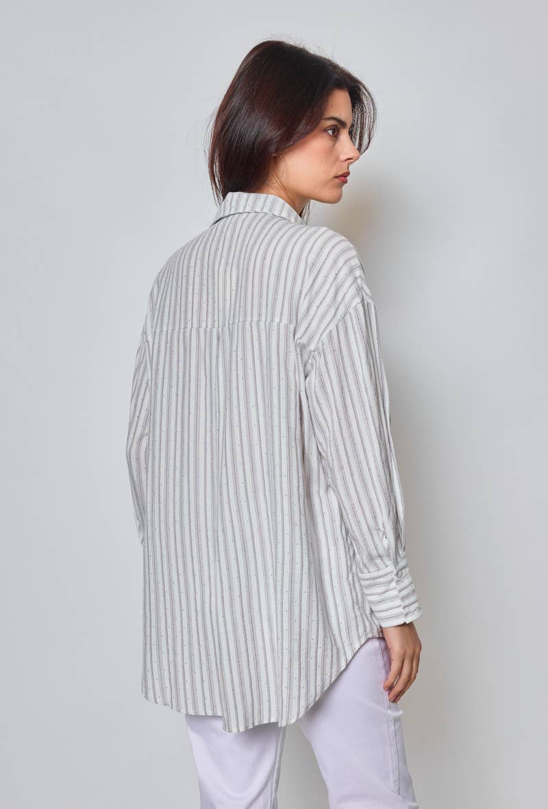 KY CREATION PARIS - Vente Chemise à col boutonné – femme - Chemise à rayures avec strass6