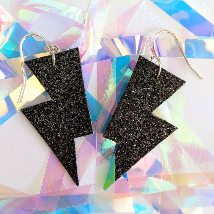 All The Discos - Wholesale Dangle Earrings - Small Black Fine Glitter Lightning Bolt Earrings0