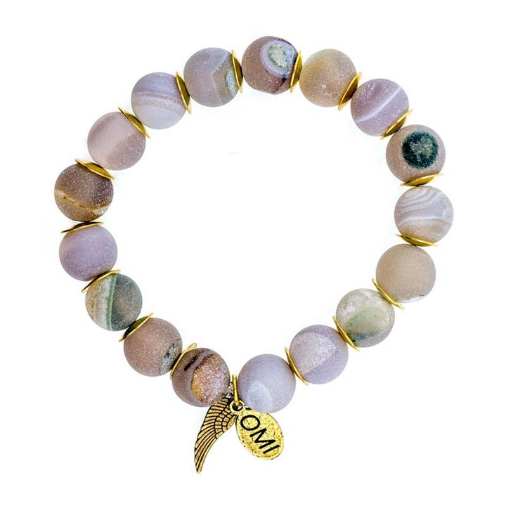 Bracelete de Conta de Pedra Druzy Cinza Matte com espaçadores em bronze - 10mm por atacado de omibeads