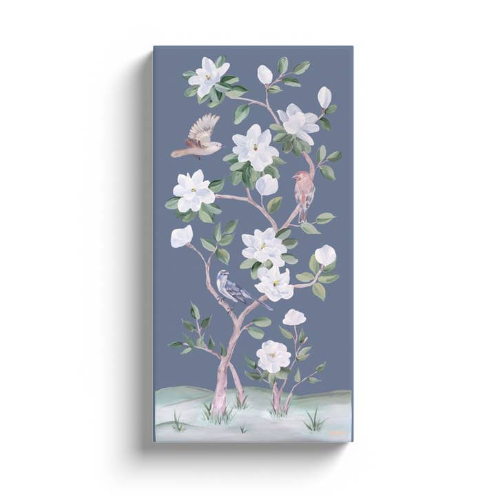 Songbirds and Magnolias, ein dunkelblauer Chinoiserie-Canvas-Tuch für den Großhandel von Elizabeth Alice Studio