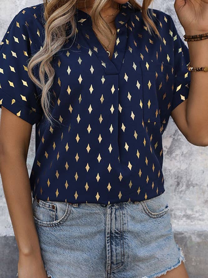 Dark Blue Summer Navy V Neck Short Sleeves Gold Stamping Top BFZY846 for wholesale on Faire2