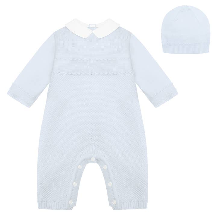 Kaleb Jungen Blaues Strick-Overall & Mützenset für den Großhandel von Emile Et Rose