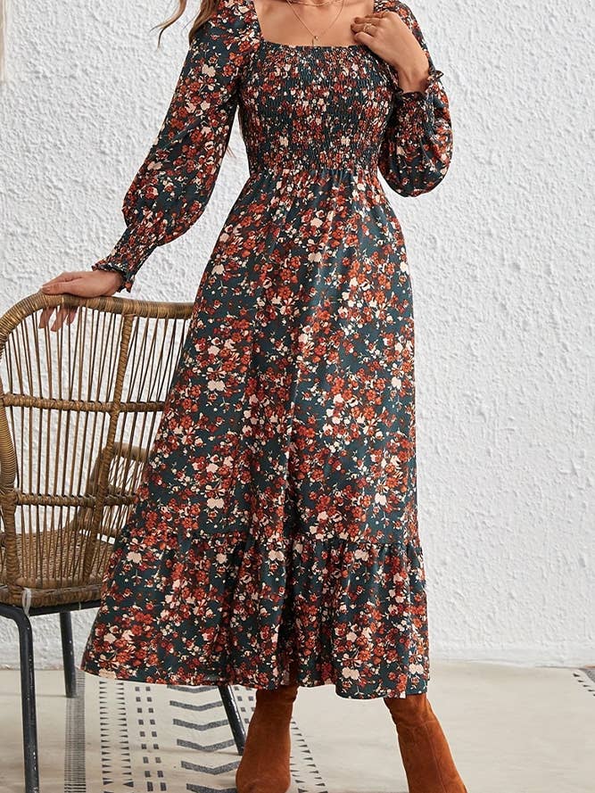 Multi Floral Print Square Neck Long Sleeves Fall Dress for wholesale on Faire3