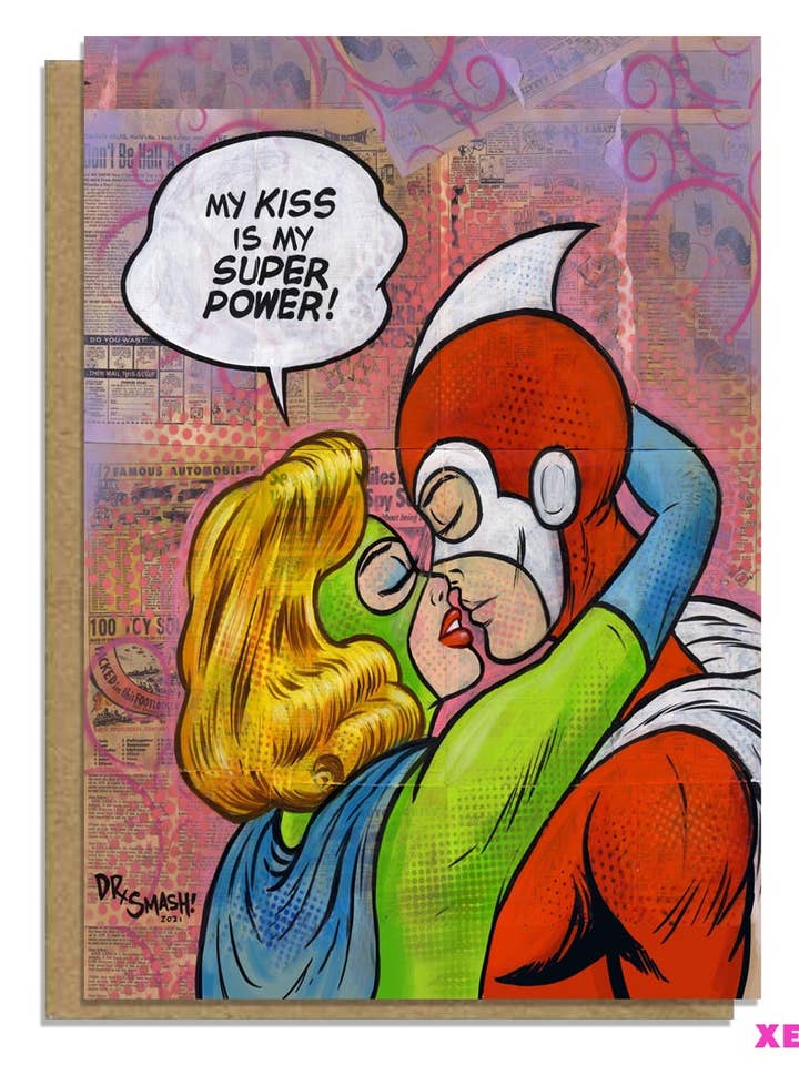 SUPER HERO NEO POP ART LOVE CARD - MY KISS IS MY SUPER POWER for wholesale by Xeno Pop