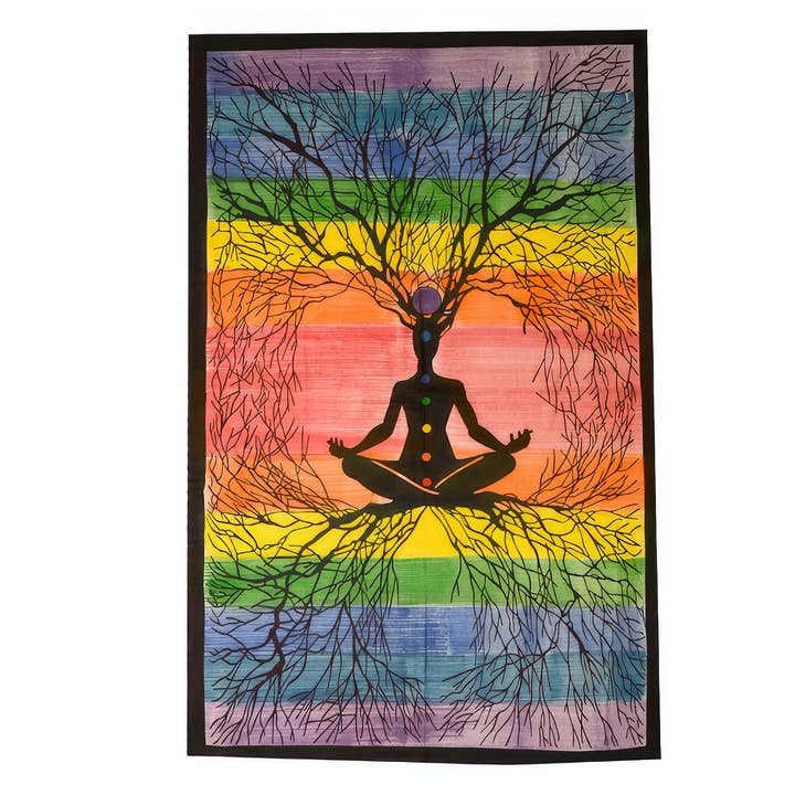 One With Nature Yogi Chakra Tree Tapestry for wholesale by Gypsy Rose