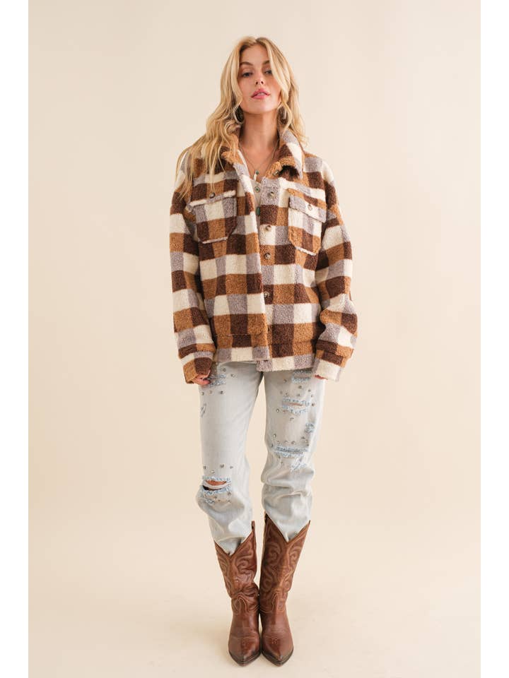 Blue B - Wholesale Shirt Jacket/Shacket - Women's - 32845J - Checkered Teddy Chest Pocket Oversized Jacket
