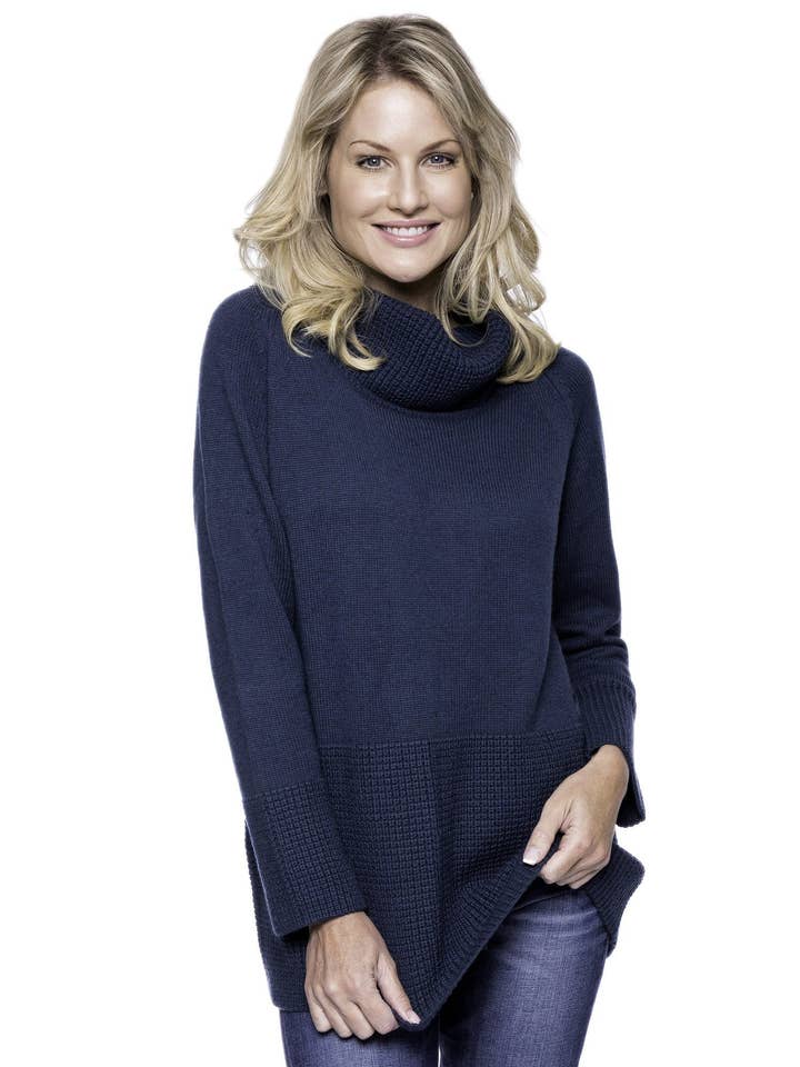 Suéter de lã com gola de capuz e painel de ponto de contraste - azul-petróleo por atacado de Tocco Reale