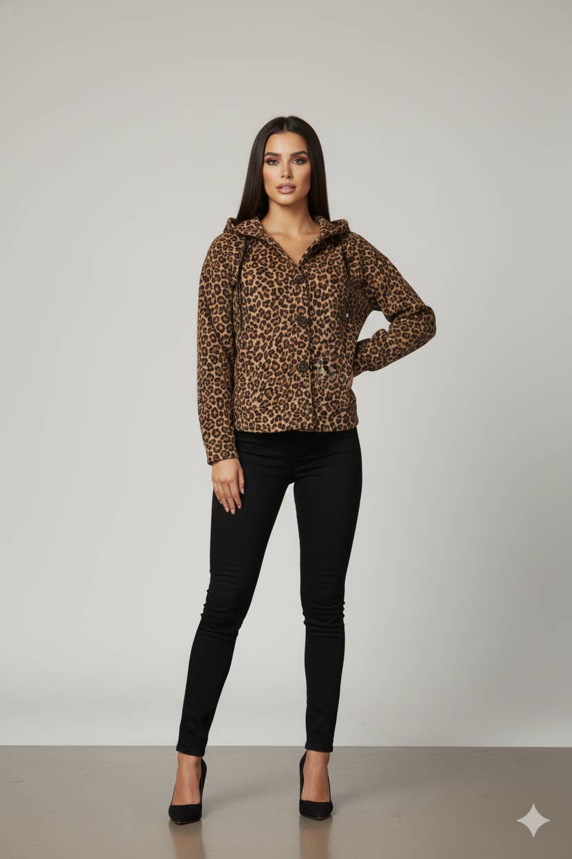 PIETRA/NERO Cardigan con cappuccio rilassato a coste con stampa animale in vendita all'ingrosso su Faire