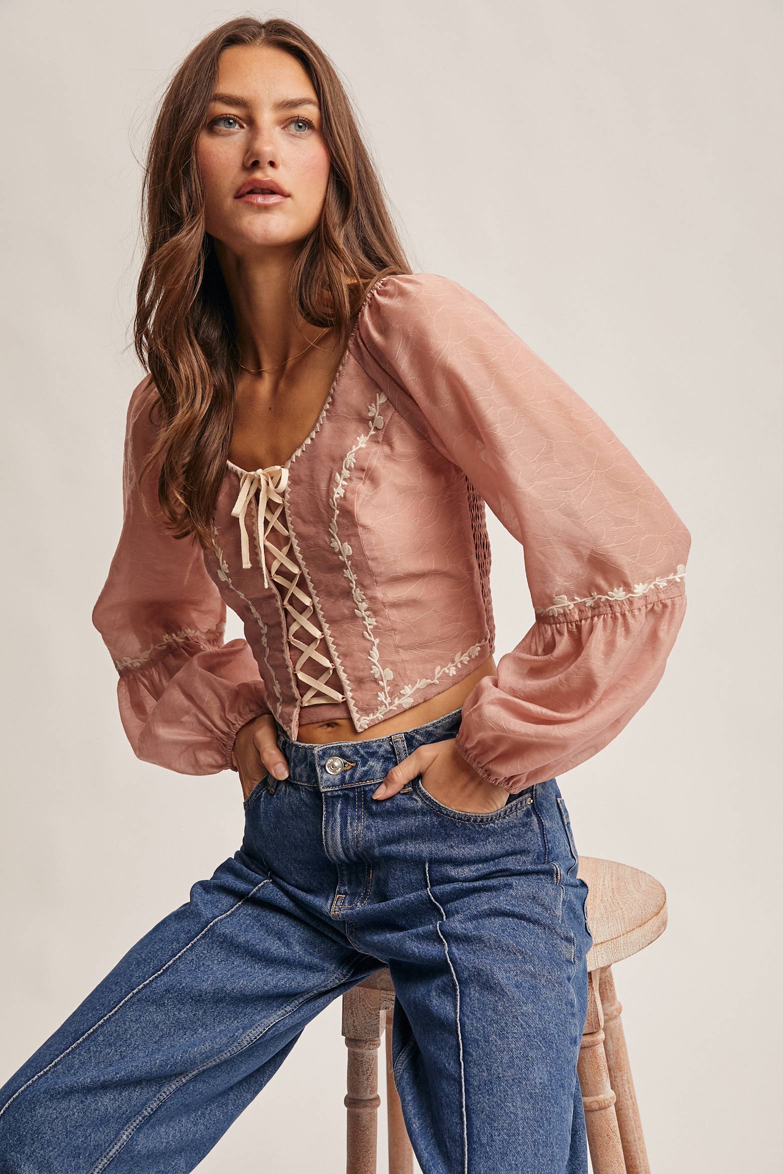 Forte - Wholesale Blouse - Women's - Lace-Up Embroidered Puff Sleeve Top FT0007 7