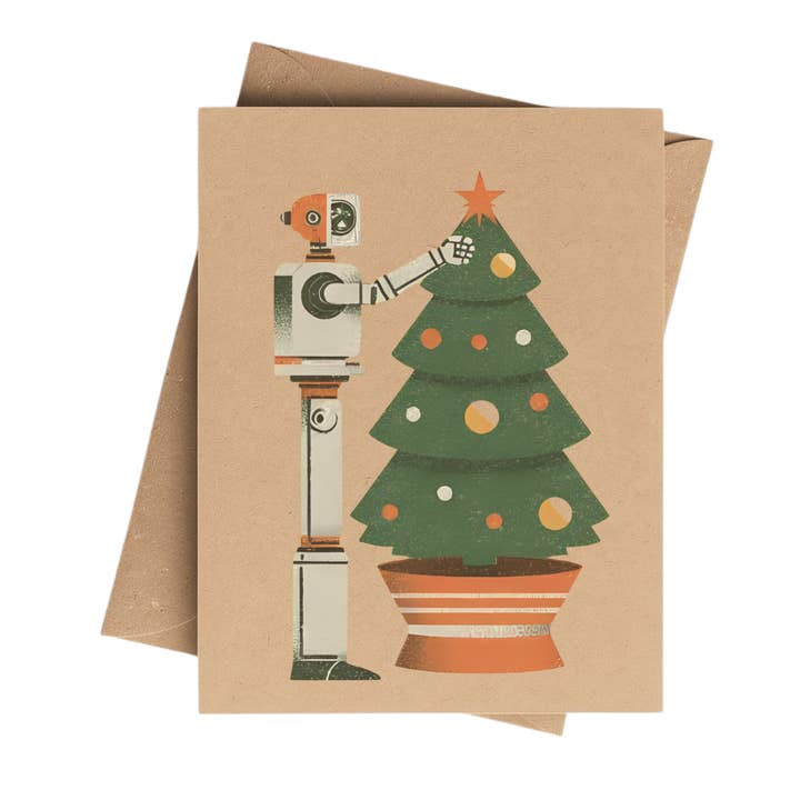 Fun Retro Robot Christmas Card on Brown Kraft Paper for wholesale by Cryptic Paper Co.