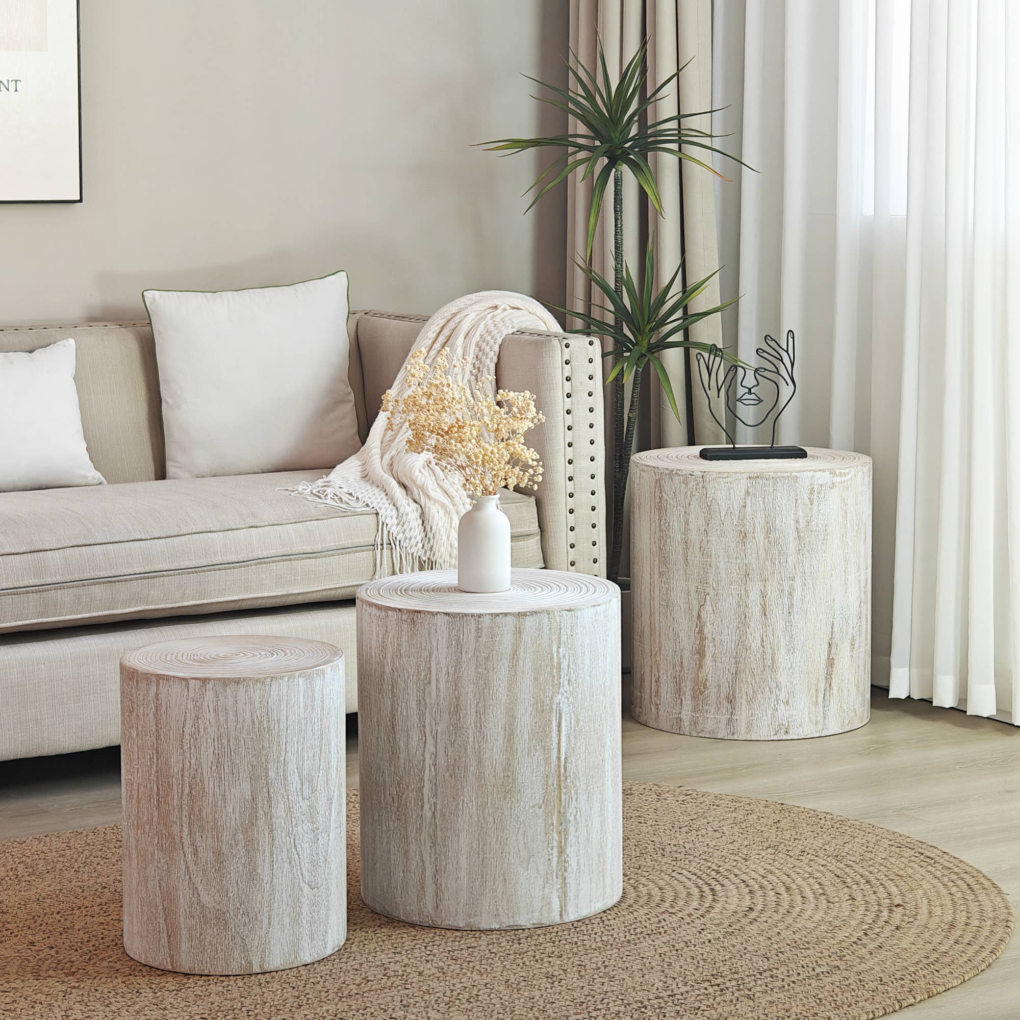 39F Inc. - Wholesale Coffee Table - Set of 3 Whitewashed Wood Coffee & End Tables, Plant Stands15