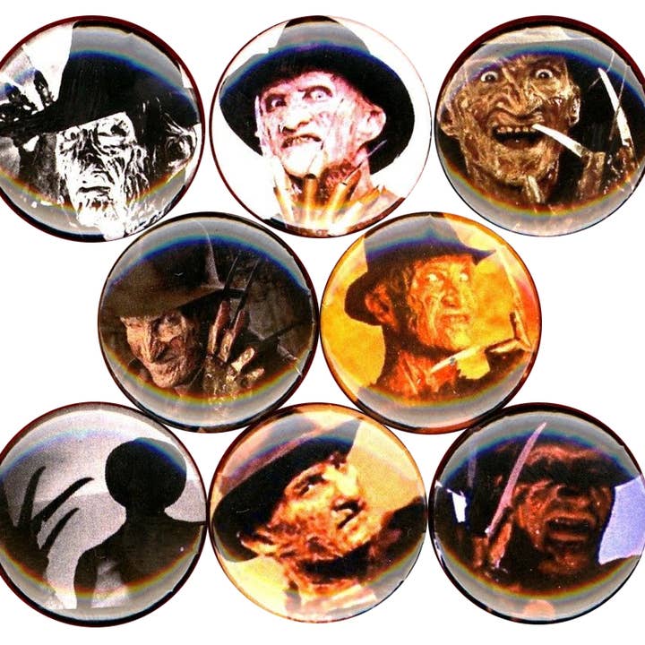Freddy Krueger x 8 1" inch pins halloween horror movies VHS for wholesale by Pinbax Express