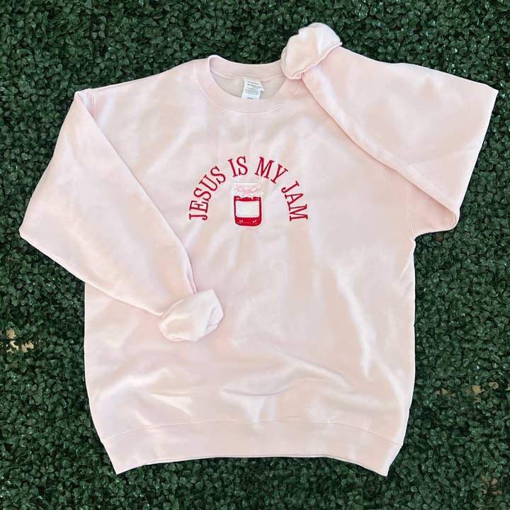 EMBROIDERED: Jesus Is My Jam on Hanes Light Pink for wholesale by RMN Wholesale